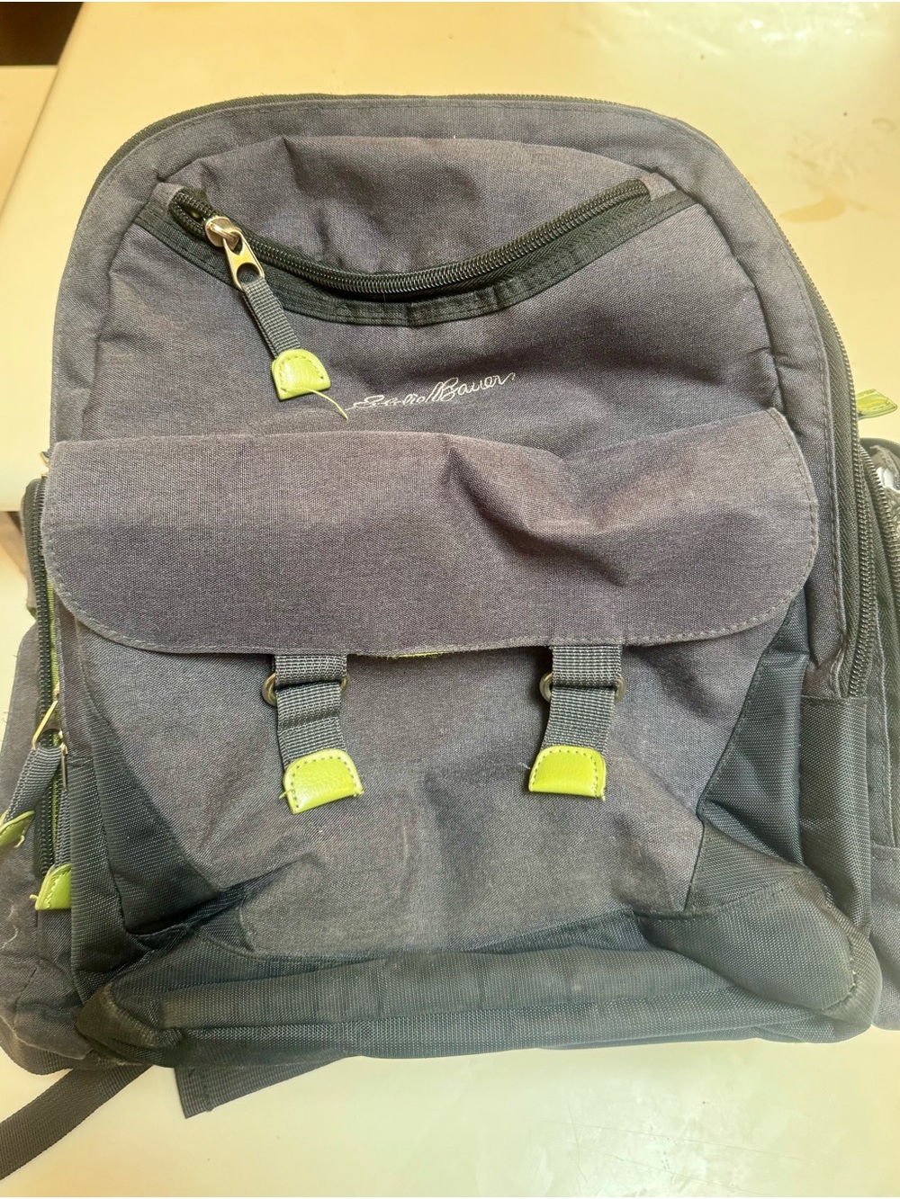Eddie Bauer Diaper Bag backpack— Dark Gray Backpack with Lime Accents